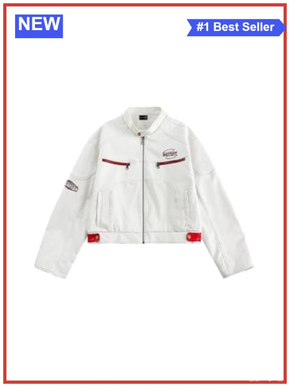 Cropped Moto Biker Jacket PU Leather Racing Coat Stand Collar